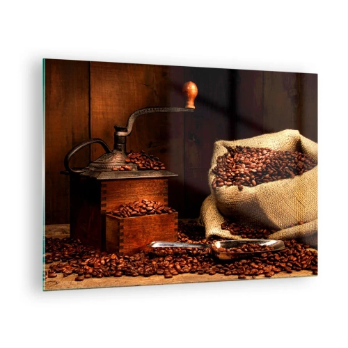 Quadro su vetro - Un vecchio macinacaffè con chicchi e un sacchetto di caffè - 70x50cm - Natura morta con chicchi di caffè e macinino - Decorazione murale moderna per soggiorno e camera da letto ARTTOR