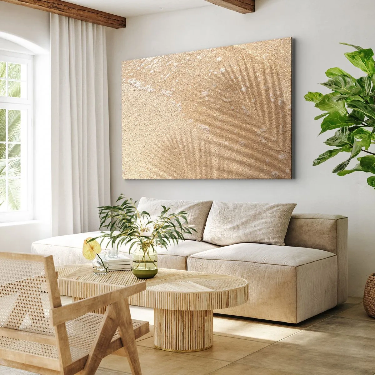 Quadro su tela - Stampe su Tela - L'ombra di una palma sulla sabbia con un delicato motivo a onde - 70x50cm - Ombra di un'estate bollente - Decorazione murale moderna per soggiorno e camera da letto ARTTOR