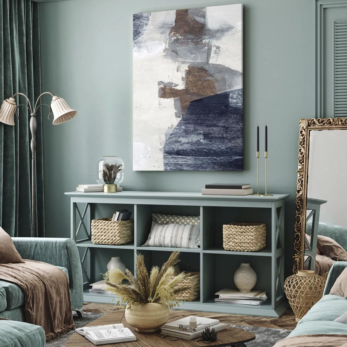 Quadro su tela - Stampe su Tela - Forme astratte nelle tonalità del blu e del marrone - 70x100cm - Forme blu e marroni - Decorazione murale moderna per soggiorno e camera da letto ARTTOR