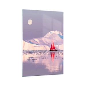Quadro su vetro - Una vela rossa sullo sfondo di montagne ghiacciate e una luna piena. - 70x100cm - Calore della vela, gelo del ghiaccio - Decorazione murale moderna per soggiorno e camera da letto ARTTOR