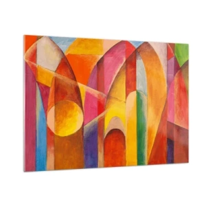 Quadro su vetro - Astrazione colorata con forme geometriche - 100x70cm - La cattedrale del sole - Decorazione murale moderna per soggiorno e camera da letto ARTTOR