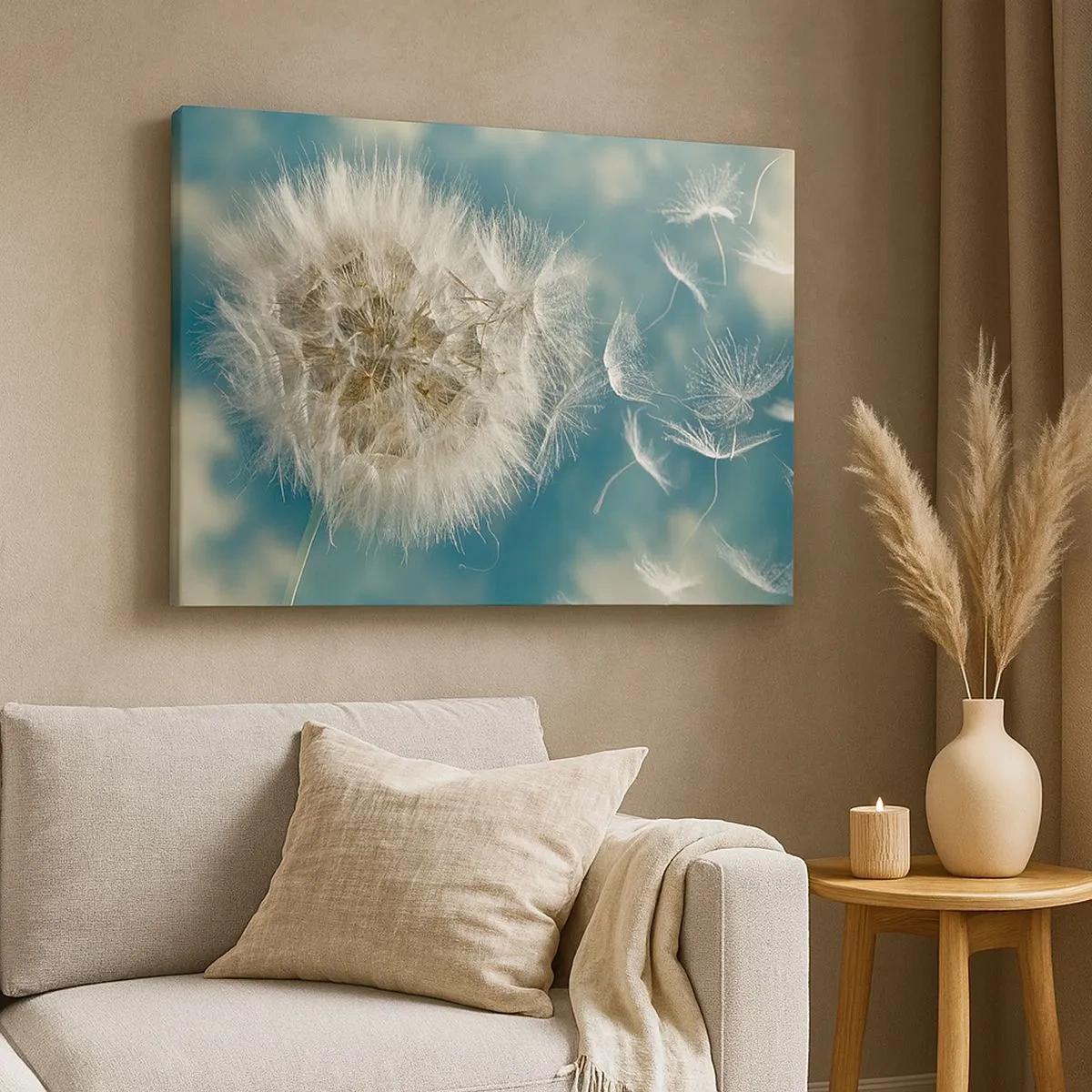 Quadro su tela - Stampe su Tela - Un dente di leone soffiato contro un cielo blu - 70x50cm - Il respiro dell'angelo - Decorazione murale moderna per soggiorno e camera da letto ARTTOR