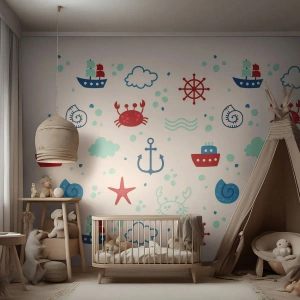 Fotomurali Premium Sand - Motivo nautico con ancore, navi e granchi su sfondo bianco - 100x70cm - Favola nel mare - Decorazione murale moderna per soggiorno e camera da letto ARTTOR