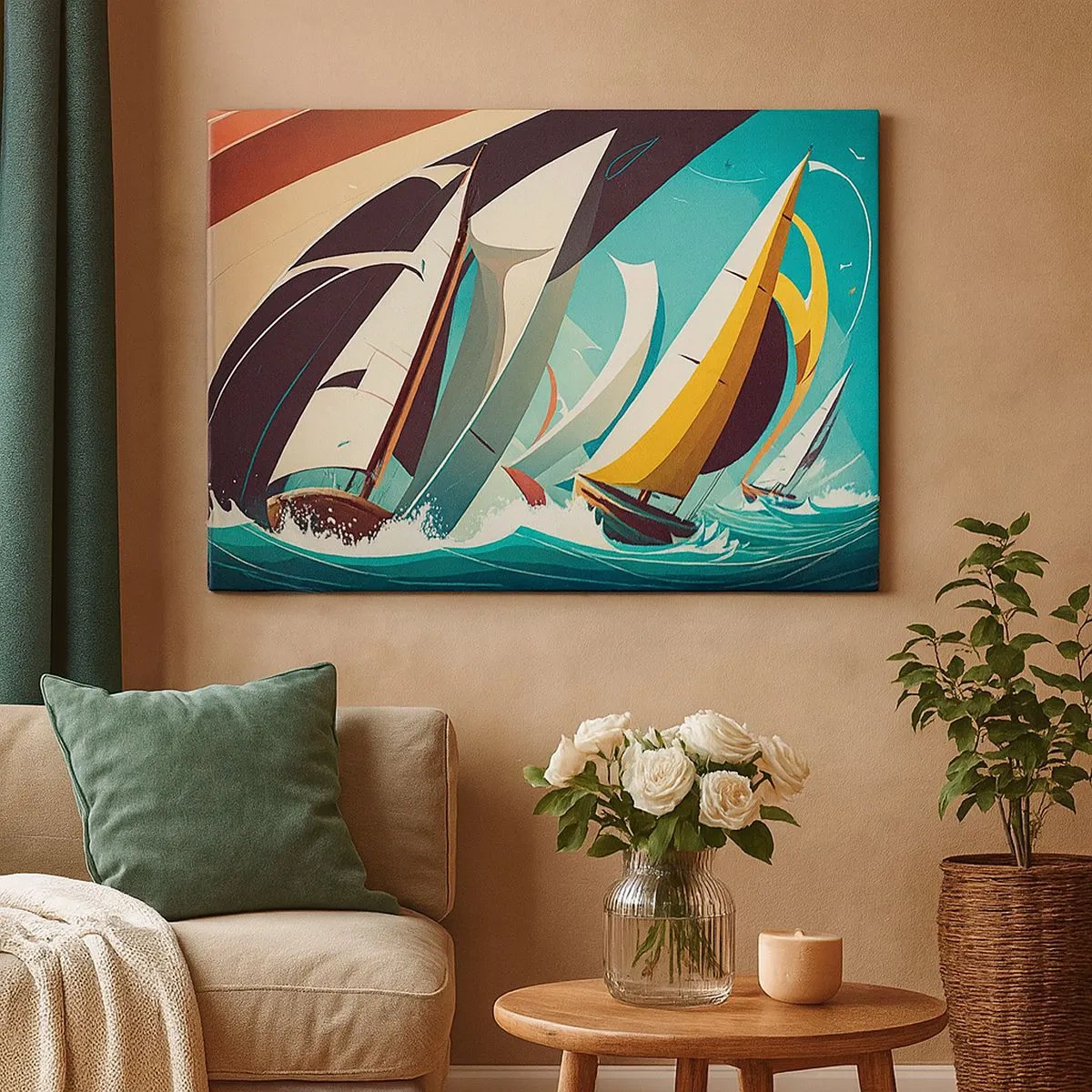 Quadro su tela - Stampe su Tela - Un'illustrazione dinamica di barche a vela in un mare in tempesta. - 70x50cm - Compagne degli elementi - Decorazione murale moderna per soggiorno e camera da letto ARTTOR