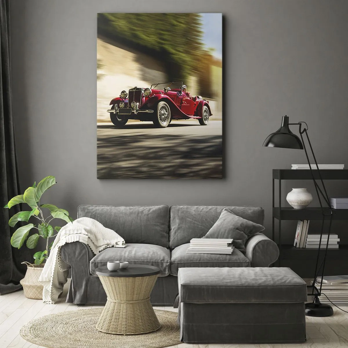 Quadro su tela - Stampe su Tela - Auto d'epoca rossa in movimento su una strada soleggiata - 50x70cm - Più bella della Nike di Samotracia - Decorazione murale moderna per soggiorno e camera da letto ARTTOR