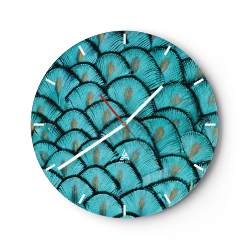 Orologio da parete - Orologio in Vetro - Primo piano di piume di pavone turchesi in una composizione decorativa. - 30x30cm - La grande festa delle piume - Decorazione murale moderna per soggiorno, cucina e camera da letto ARTTOR