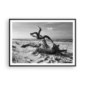 Poster in cornice nera - Paesaggio in bianco e nero con un albero morto sulla spiaggia - 100x70cm - Scolpito dal mare - Decorazione murale moderna per soggiorno e camera da letto ARTTOR
