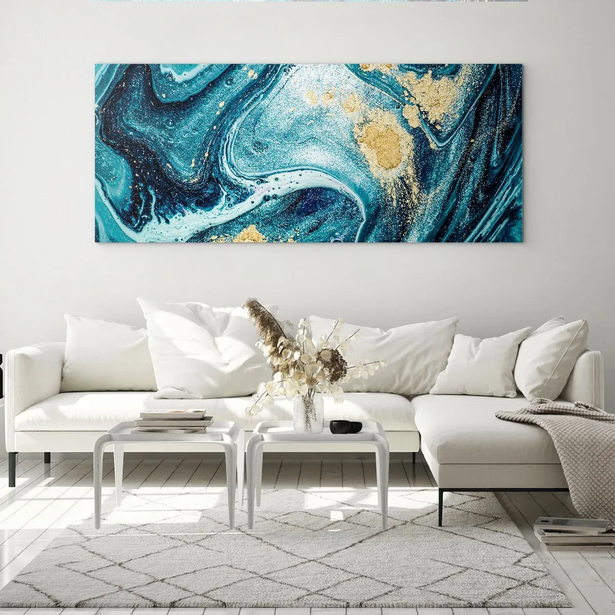 Quadro su vetro - Una composizione astratta di onde e accenti dorati - 160x50cm - Vortice blu - Decorazione murale moderna per soggiorno e camera da letto ARTTOR
