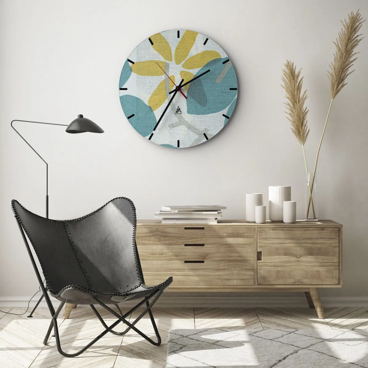 Orologio da parete - Orologio in Vetro - Foglie gialle e turchesi su uno sfondo chiaro con texture di lino - 30x30cm - Tra le foglie azzurre - Decorazione murale moderna per soggiorno, cucina e camera da letto ARTTOR