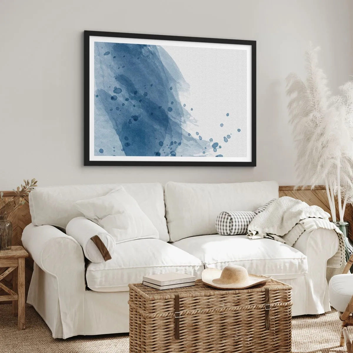 Poster in cornice nera - Macchie e striature astratte nelle tonalità del blu - 70x50cm - Tulle blu - Decorazione murale moderna per soggiorno e camera da letto ARTTOR