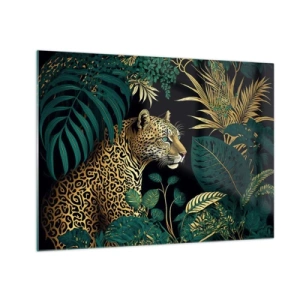 Quadro su vetro - Un leopardo tra foglie tropicali su uno sfondo scuro - 70x50cm - Il signore della giungla - Decorazione murale moderna per soggiorno e camera da letto ARTTOR