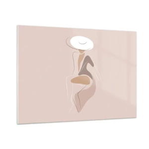 Quadro su vetro - Silhouette di una donna con un cappello su uno sfondo beige - 100x70cm - Essere una dama - Decorazione murale moderna per soggiorno e camera da letto ARTTOR