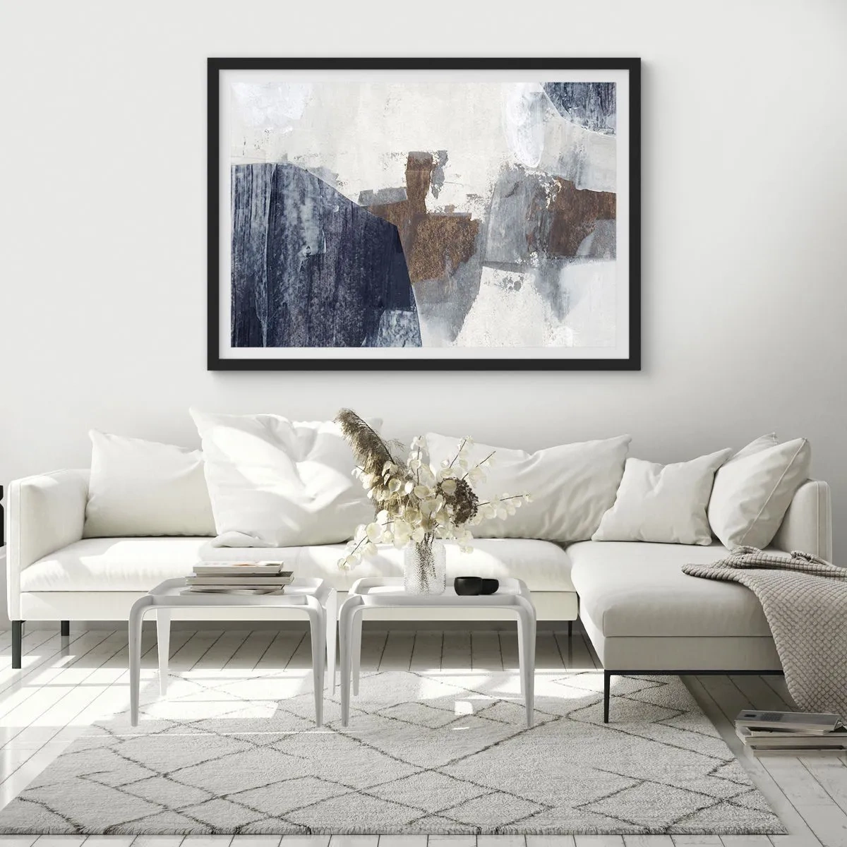 Poster in cornice nera - Forme astratte nelle tonalità del blu e del marrone - 70x50cm - Forme blu e marroni - Decorazione murale moderna per soggiorno e camera da letto ARTTOR