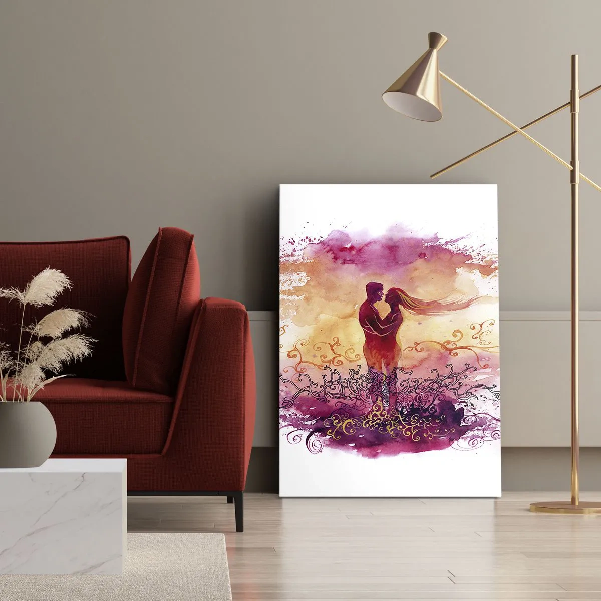 Quadro su tela - Stampe su Tela - Una coppia abbracciata su uno sfondo astratto rosa e arancione - 80x120cm - Un unico cuore! Mi basta così poco... - Decorazione murale moderna per soggiorno e camera da letto ARTTOR