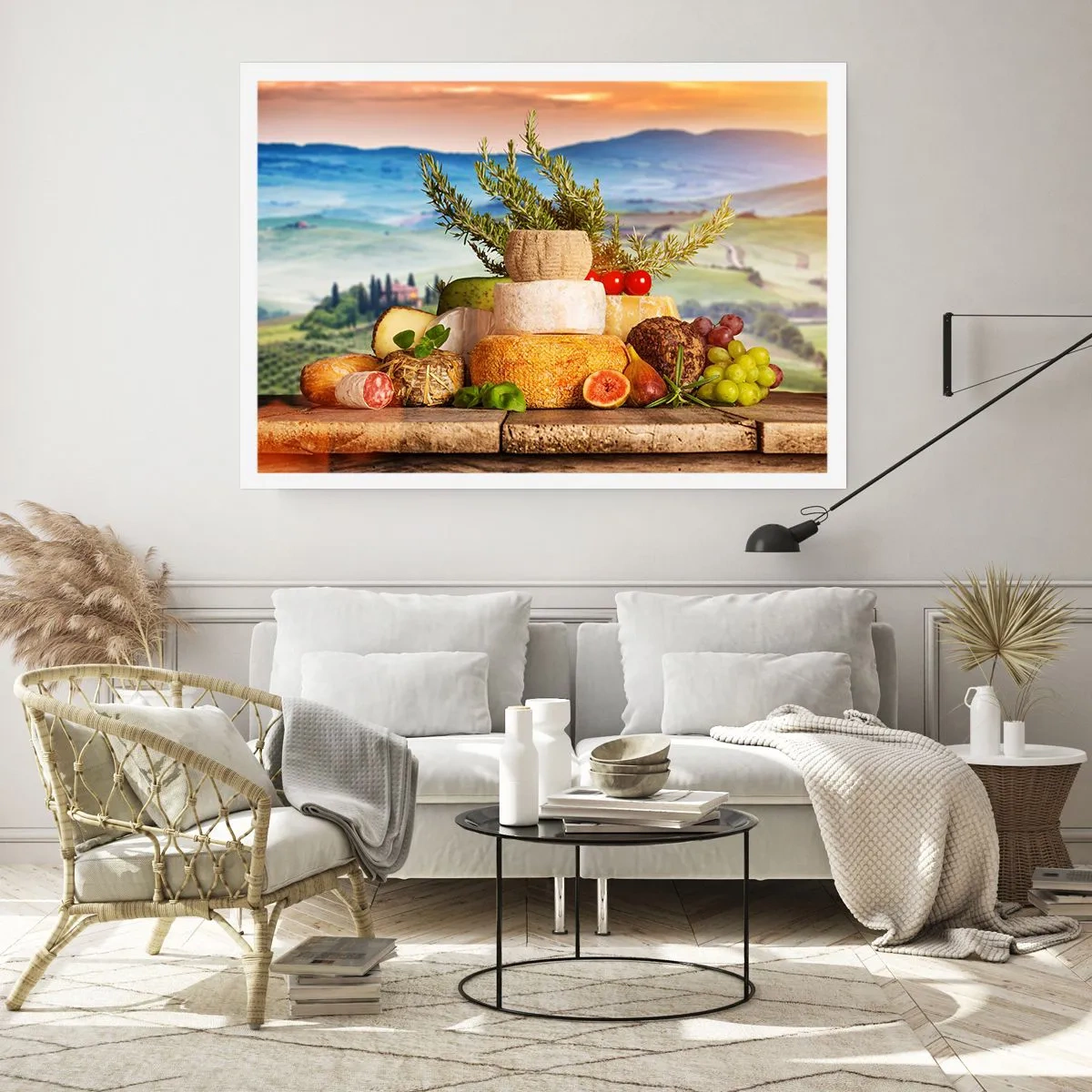 Poster - Una composizione di formaggi e frutta sullo sfondo del paesaggio toscano - 100x70cm - La gioia italiana della vita - Decorazione murale moderna per soggiorno e camera da letto ARTTOR