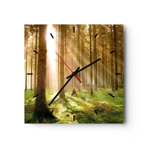 Orologio da parete - Orologio in Vetro - Foresta di conifere con raggi di sole che brillano attraverso gli alberi - 30x30cm - Adesso appaiono gli elfi - Decorazione murale moderna per soggiorno e camera da letto ARTTOR