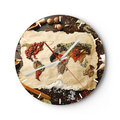 Orologio da parete - Orologio in Vetro - Mappa del mondo fatta di spezie su uno sfondo di legno - 30x30cm - Tutti i gusti del mondo - Decorazione murale moderna per soggiorno, cucina e camera da letto ARTTOR