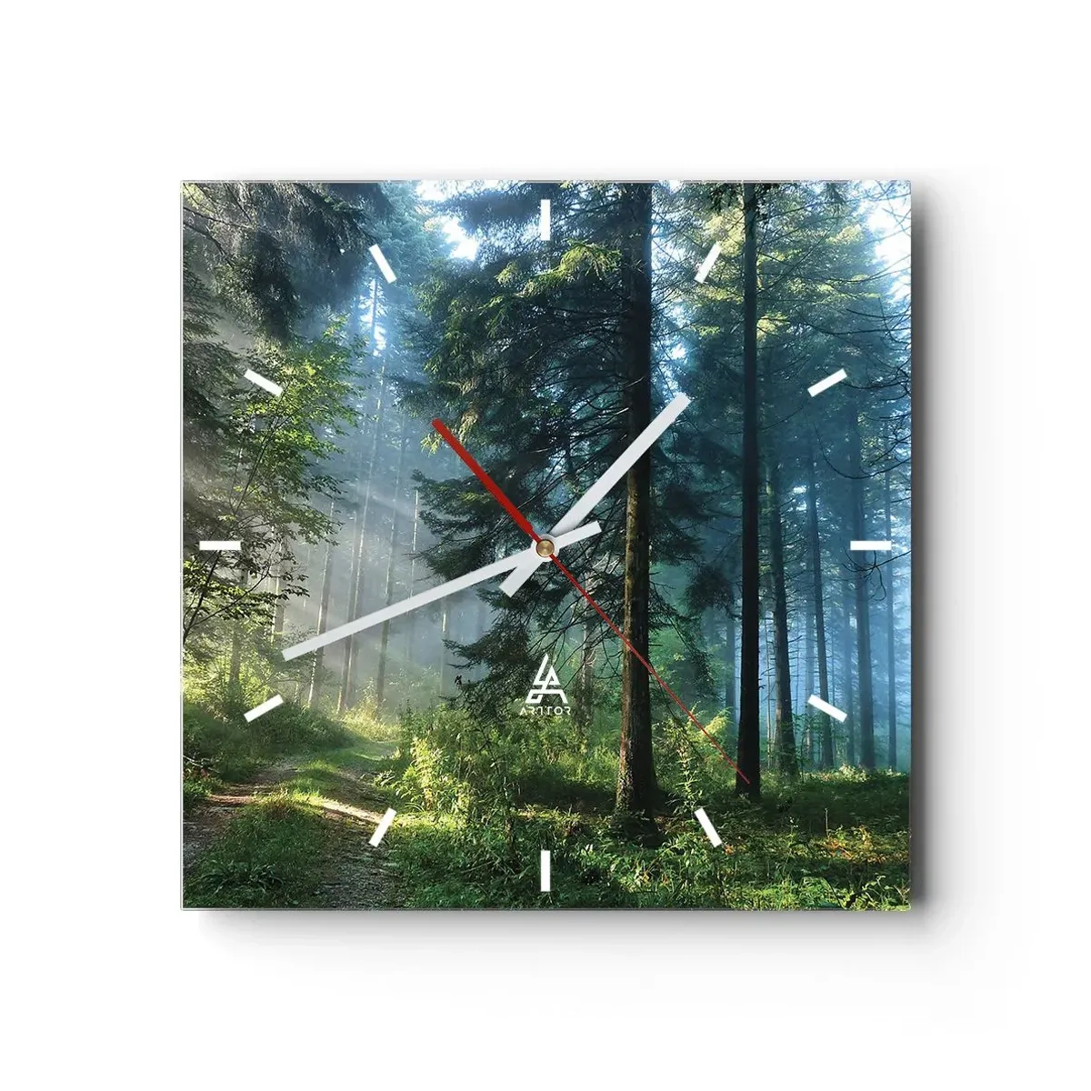 Orologio da parete - Orologio in Vetro - Un sentiero nel bosco illuminato dai raggi del sole mattutino - 30x30cm - Raggiante all'alba - Decorazione murale moderna per soggiorno e camera da letto ARTTOR