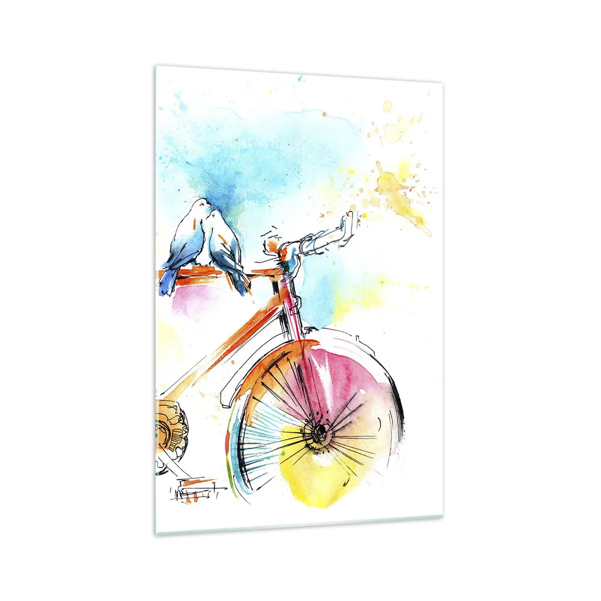 Quadro su vetro - Dipinto ad acquerello colorato di una bicicletta con uccelli seduti sopra - 70x100cm - In due in bicicletta - Decorazione murale moderna per soggiorno e camera da letto ARTTOR