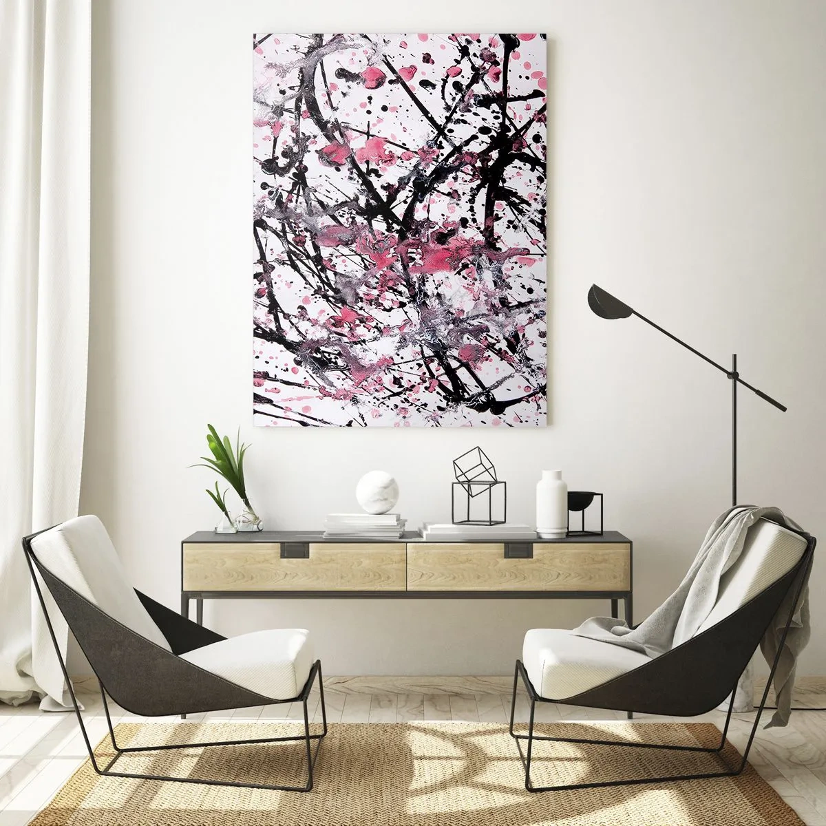 Quadro su vetro - Motivo astratto nei toni del rosa, nero e bianco - 80x120cm - La natura passeggera della vita - Decorazione murale moderna per soggiorno e camera da letto ARTTOR