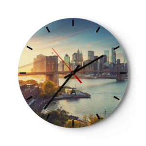 Orologio da parete - Orologio in Vetro - Vista del ponte di Brooklyn e dello skyline della città al tramonto - 30x30cm - L'alba nella grande città - Decorazione murale moderna per soggiorno, cucina e camera da letto ARTTOR
