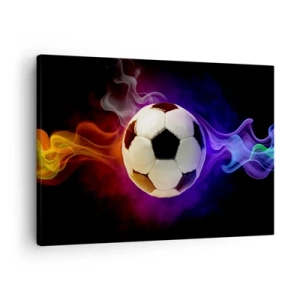 Quadro su tela - Stampe su Tela - Un pallone da calcio circondato da effetti di fumo colorati su uno sfondo scuro. - 70x50cm - La forza magica del gioco - Decorazione murale moderna per soggiorno e camera da letto ARTTOR