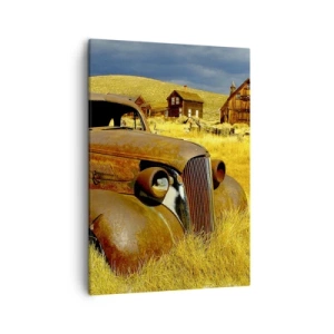 Quadro su tela - Stampe su Tela - Una vecchia macchina arrugginita sullo sfondo di capanne di legno abbandonate - 50x70cm - Meritato riposo - Decorazione murale moderna per soggiorno e camera da letto ARTTOR