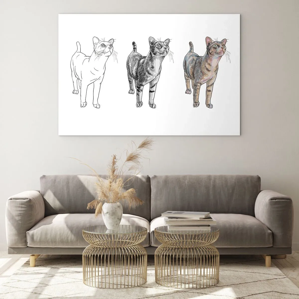 Quadro su vetro - L'evoluzione di un gatto dallo schizzo all'illustrazione a colori - 100x70cm - Lezione di disegno - Decorazione murale moderna per soggiorno e camera da letto ARTTOR