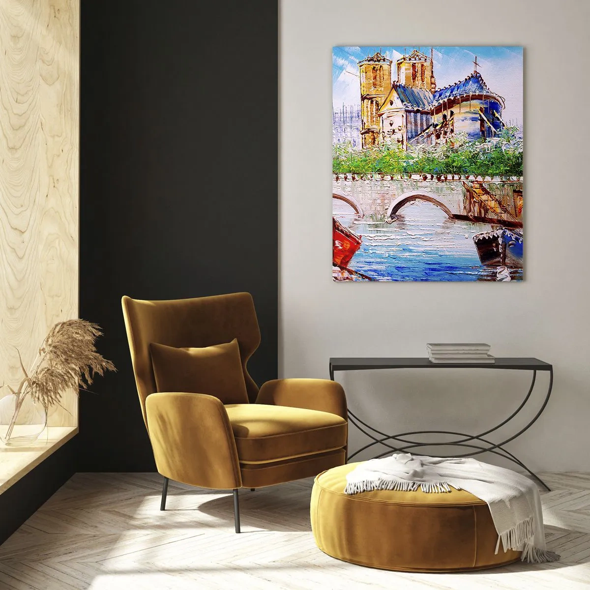 Quadro su vetro - Paesaggio con un ponte e una cattedrale in stile classico - 70x100cm - Il loro tempo non passa mai - Decorazione murale moderna per soggiorno e camera da letto ARTTOR