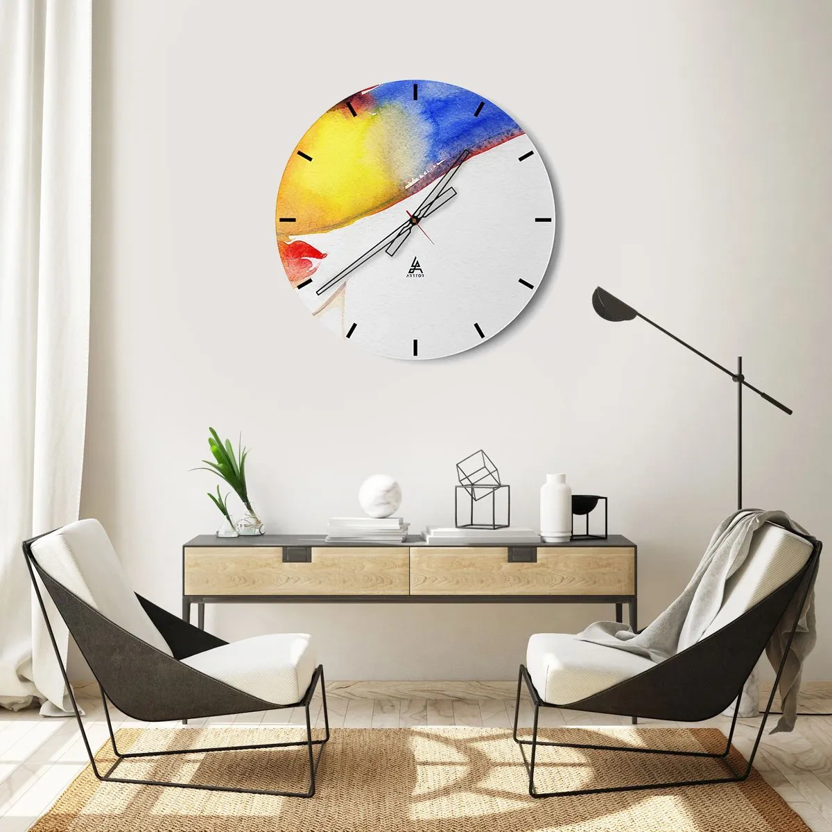 Orologio da parete - Orologio in Vetro - Ritratto astratto con schizzi di acquerello - 30x30cm - Ritratto di donna - Decorazione murale moderna per soggiorno, cucina e camera da letto ARTTOR