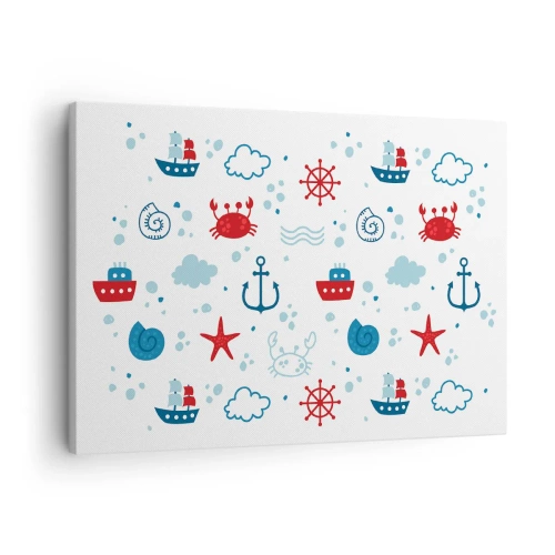 Quadro su tela - Stampe su Tela - Motivo nautico con ancore, navi e granchi - 70x50cm - Favola nel mare - Decorazione murale moderna per soggiorno e camera da letto ARTTOR