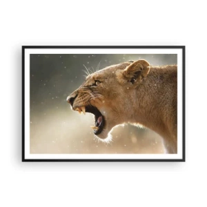 Poster in cornice nera - Ritratto di una leonessa ruggente alla luce naturale - 100x70cm - Prova a non ascoltare - Decorazione murale moderna per soggiorno e camera da letto ARTTOR