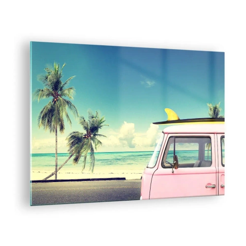 Quadro su vetro - Una spiaggia con palme e un furgone retrò rosa in riva al mare - 70x50cm - Tempo di vacanze - Decorazione murale moderna per soggiorno e camera da letto ARTTOR