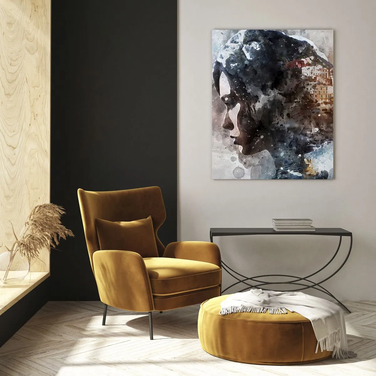 Quadro su vetro - Ritratto di una donna che combina il suo viso con un paesaggio urbano sullo sfondo - 70x100cm - Racconto su una ragazza con città sullo sfondo - Decorazione murale moderna per soggiorno e camera da letto ARTTOR