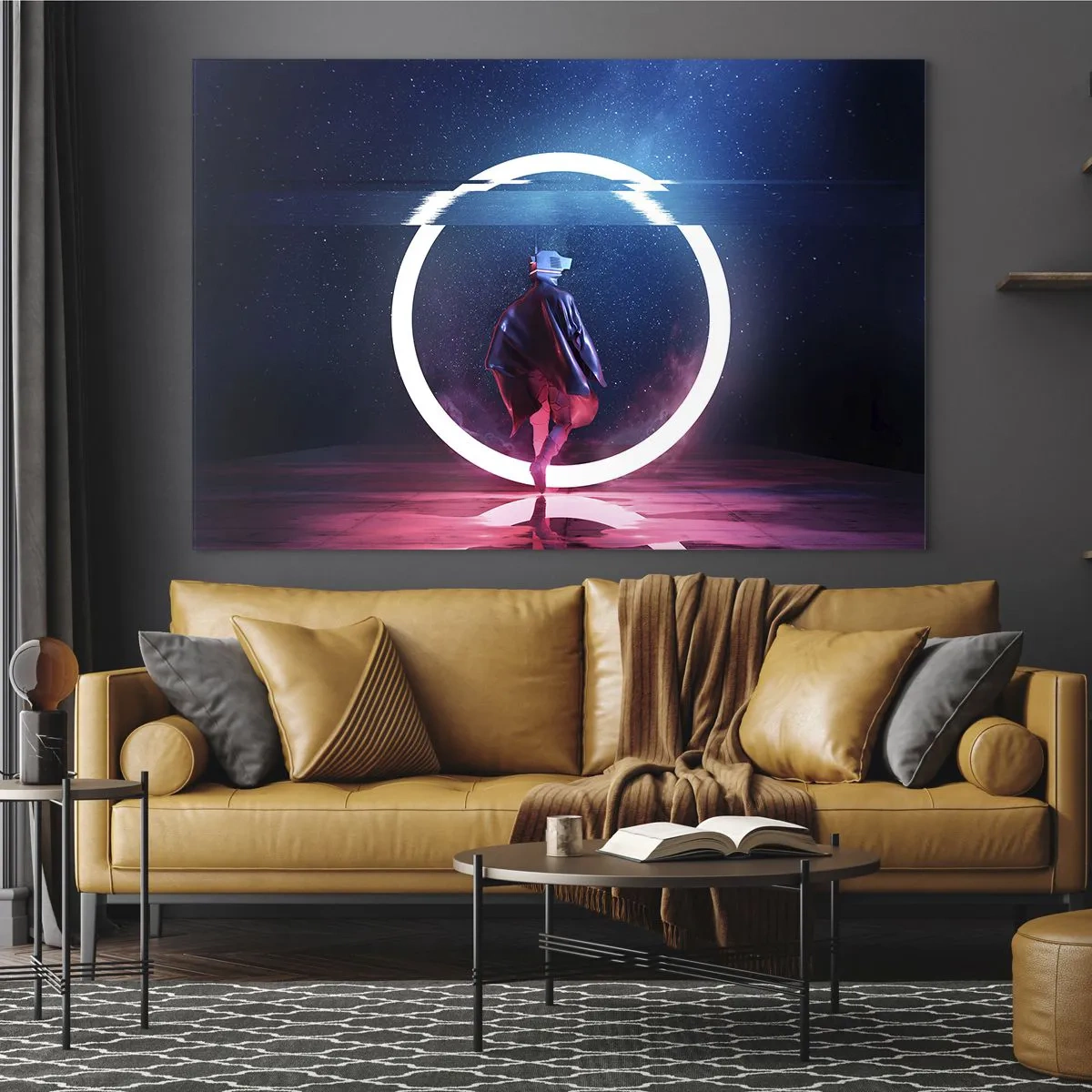 Quadro su vetro - Una figura in un ambiente futuristico con un anello al neon - 70x50cm - Tra due mondi - Decorazione murale moderna per soggiorno e camera da letto ARTTOR