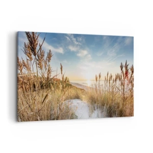 Quadro su tela - Stampe su Tela - Una spiaggia pittoresca con erba e il sole al tramonto - 120x80cm - Spiaggia del nord - Decorazione murale moderna per soggiorno e camera da letto ARTTOR