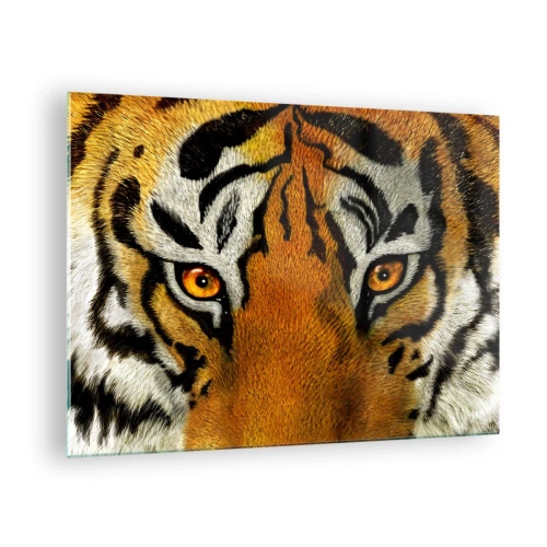 Quadro su vetro - Primo piano dello sguardo intenso della tigre - 70x50cm - Minacciosa e bella - Decorazione murale moderna per soggiorno e camera da letto ARTTOR