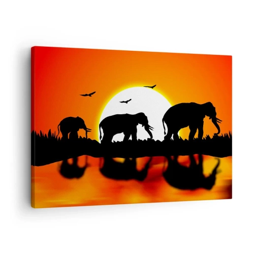 Quadro su tela - Stampe su Tela - Sagome di elefanti al tramonto sull'acqua con riflesso - 70x50cm - Un piccolo drink la sera - Decorazione murale moderna per soggiorno e camera da letto ARTTOR