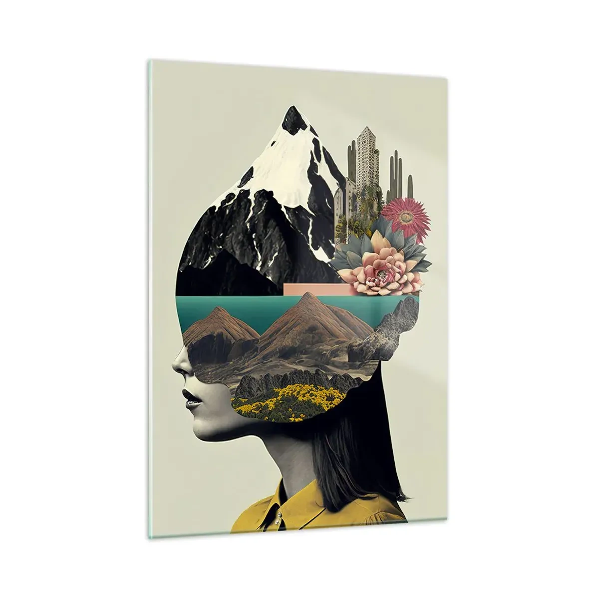 Quadro su vetro - Silhouette di una donna con un paesaggio montano e la flora nella sua testa - 50x70cm - La donna è sempre un mistero - Decorazione murale moderna per soggiorno e camera da letto ARTTOR
