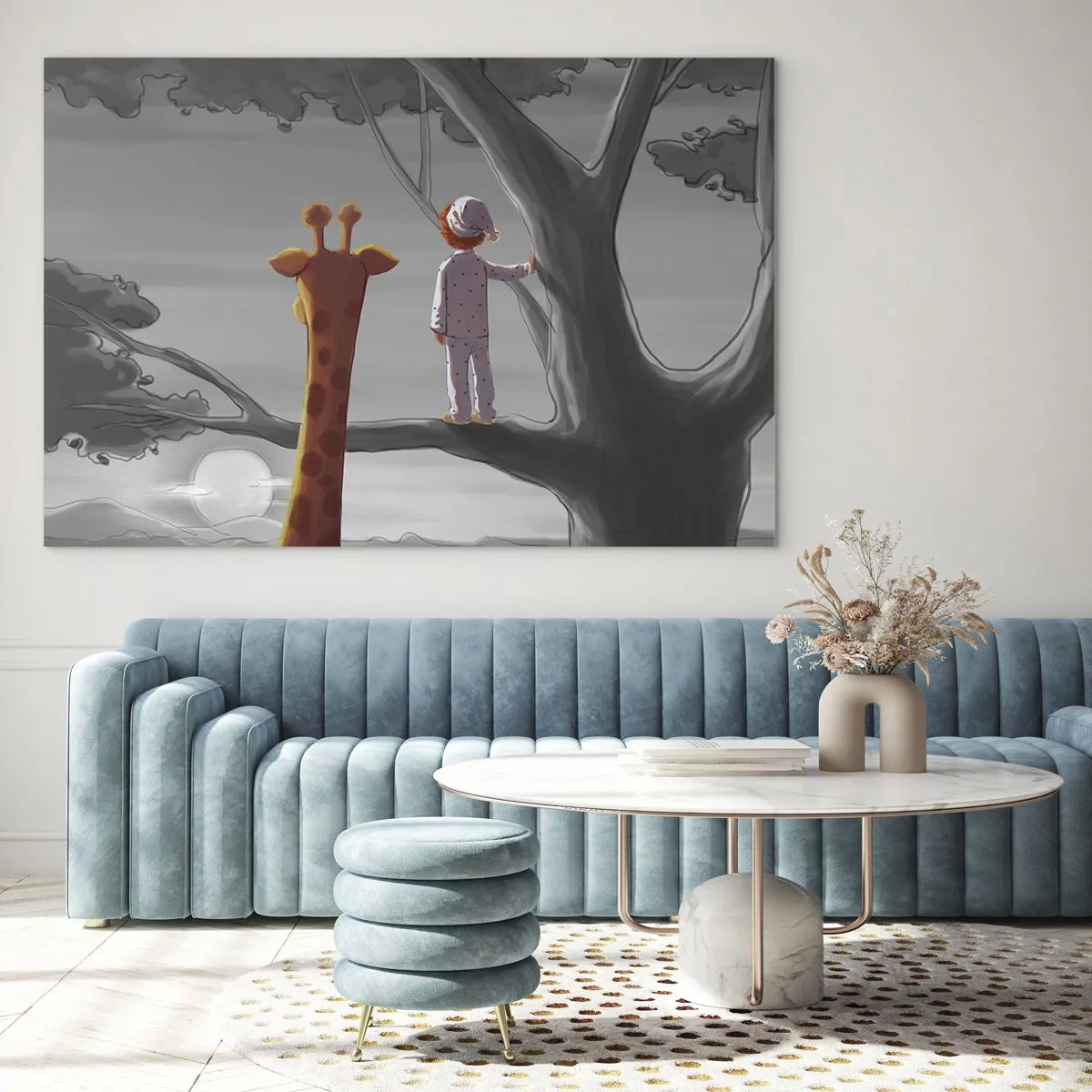 Quadro su vetro - Un bambino in pigiama e una giraffa osservano il tramonto da un albero. - 70x50cm - Sta succedendo davvero - Decorazione murale moderna per soggiorno e camera da letto ARTTOR