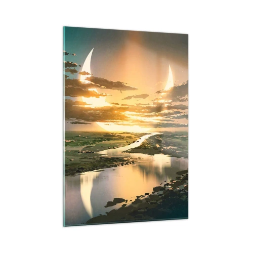 Quadro su vetro - Un paesaggio fantastico con una doppia luna sul fiume - 50x70cm - Da qualche parte in una galassia lontana - Decorazione murale moderna per soggiorno e camera da letto ARTTOR