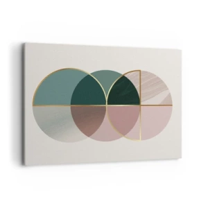 Quadro su tela - Stampe su Tela - Una composizione astratta di forme geometriche e linee dorate. - 100x70cm - Un cerchio dietro l'altro... - Decorazione murale moderna per soggiorno e camera da letto ARTTOR