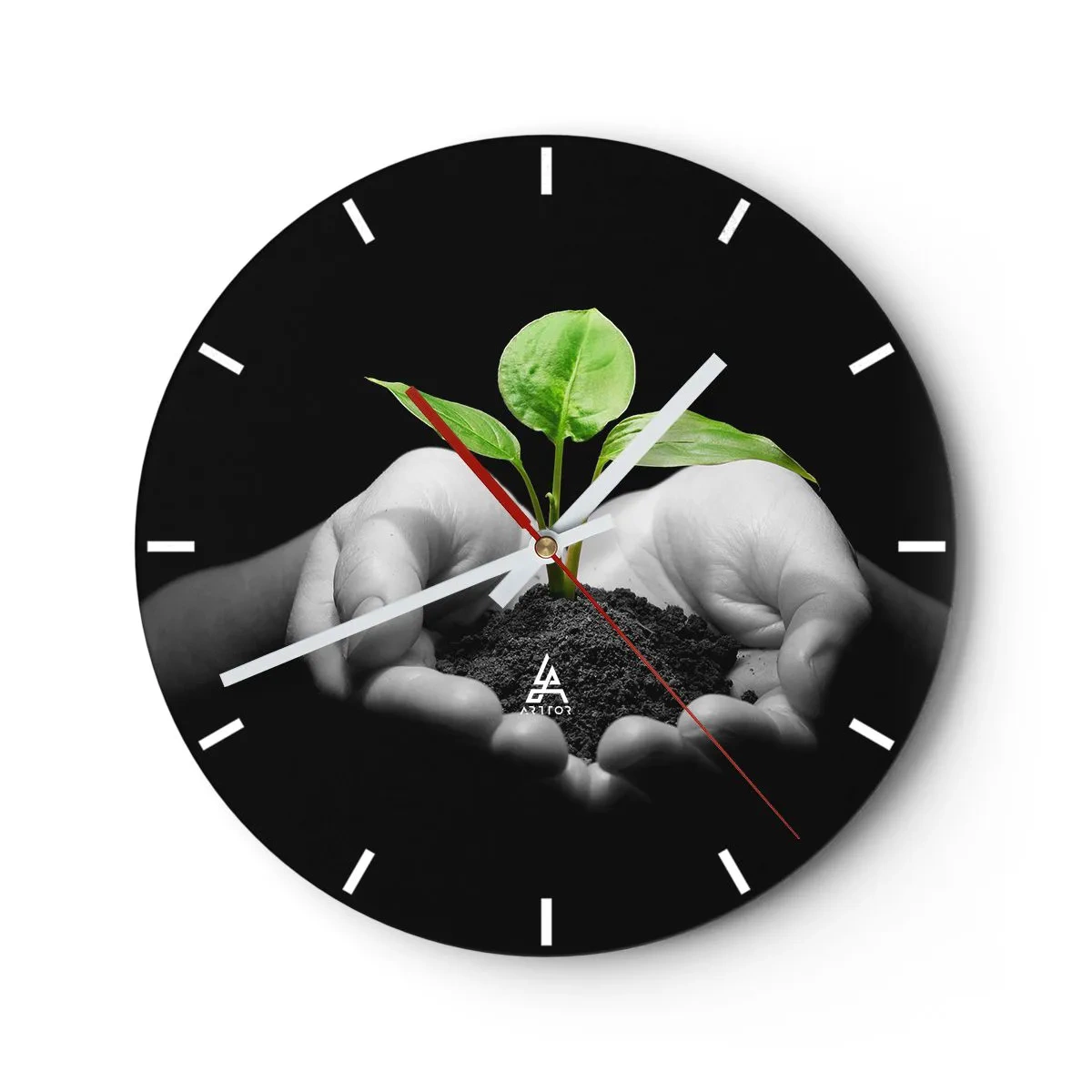 Orologio da parete - Orologio in Vetro - Un germoglio verde tenuto tra le mani su uno sfondo nero - 30x30cm - Amo la natura, la proteggo - Decorazione murale moderna per soggiorno, cucina e camera da letto ARTTOR