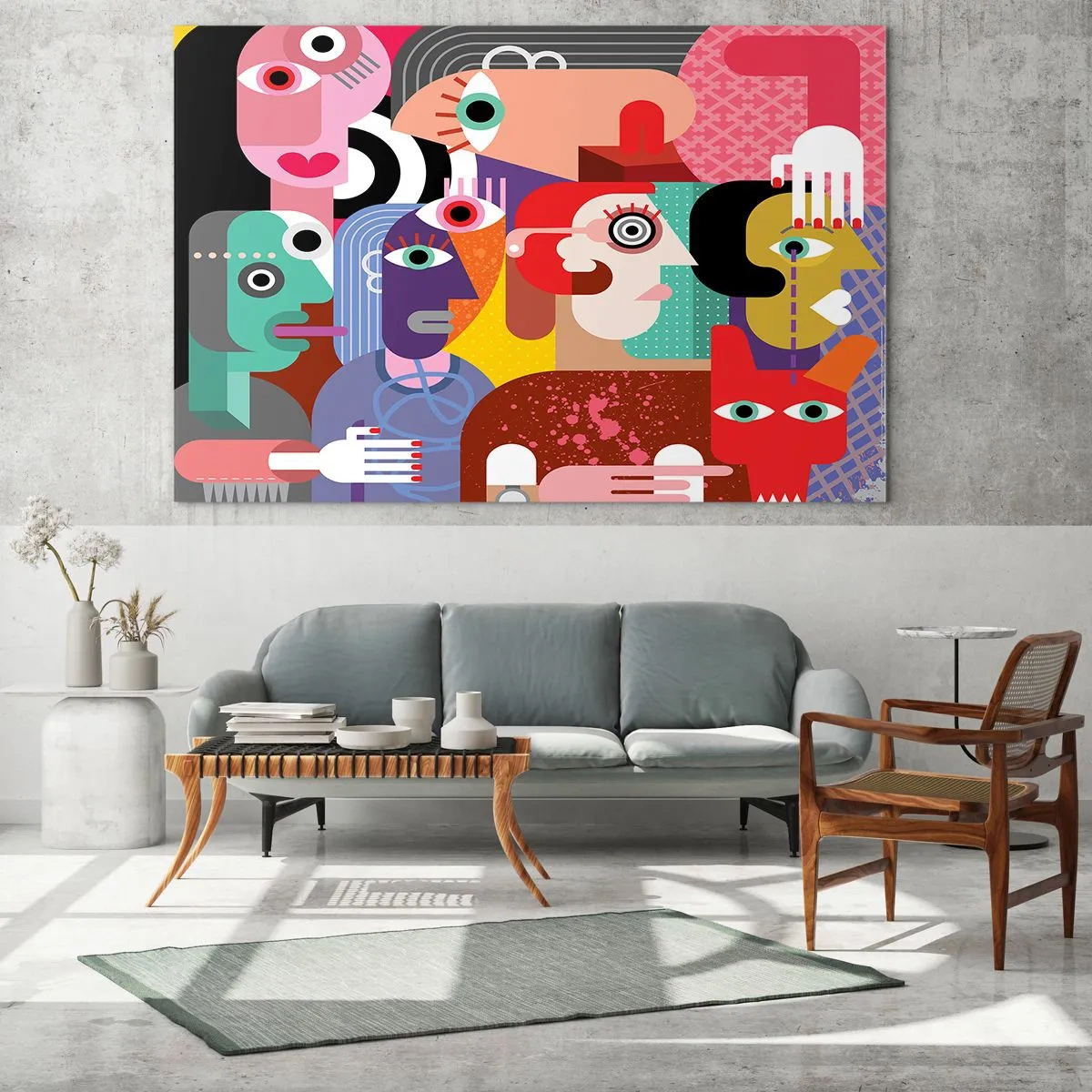 Quadro su vetro - Composizione astratta di volti in colori vivaci - 100x70cm - Mi manda Picasso - Decorazione murale moderna per soggiorno e camera da letto ARTTOR