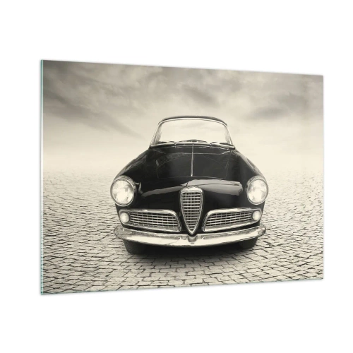 Quadro su vetro - Auto d'epoca su strada acciottolata in bianco e nero - 100x70cm - Come non amarmi? - Decorazione murale moderna per soggiorno e camera da letto ARTTOR