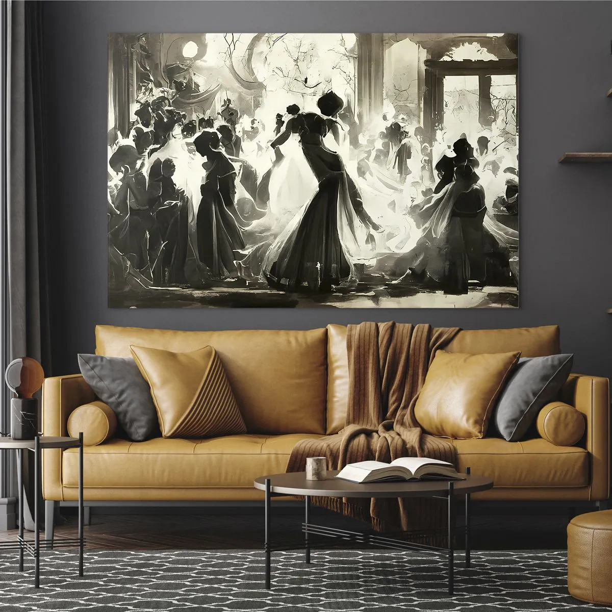 Quadro su vetro - Una scena da ballo in stile retrò con figure danzanti - 120x80cm - Il gran ballo in maschera - Decorazione murale moderna per soggiorno e camera da letto ARTTOR