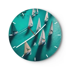Orologio da parete - Orologio in Vetro - Yacht a vela su acque turchesi in una disposizione dinamica - 30x30cm - In gara con il vento - Decorazione murale moderna per soggiorno, cucina e camera da letto ARTTOR
