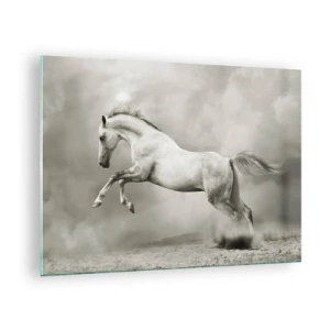 Quadro su vetro - Un cavallo bianco che salta contro le nuvole - 70x50cm - Tra la veglia e il sonno, - Decorazione murale moderna per soggiorno e camera da letto ARTTOR