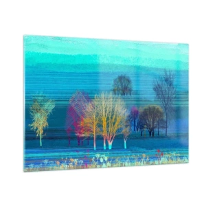 Quadro su vetro - Un paesaggio colorato con alberi su uno sfondo di toni blu - 100x70cm - Paesaggio pettinato - Decorazione murale moderna per soggiorno e camera da letto ARTTOR