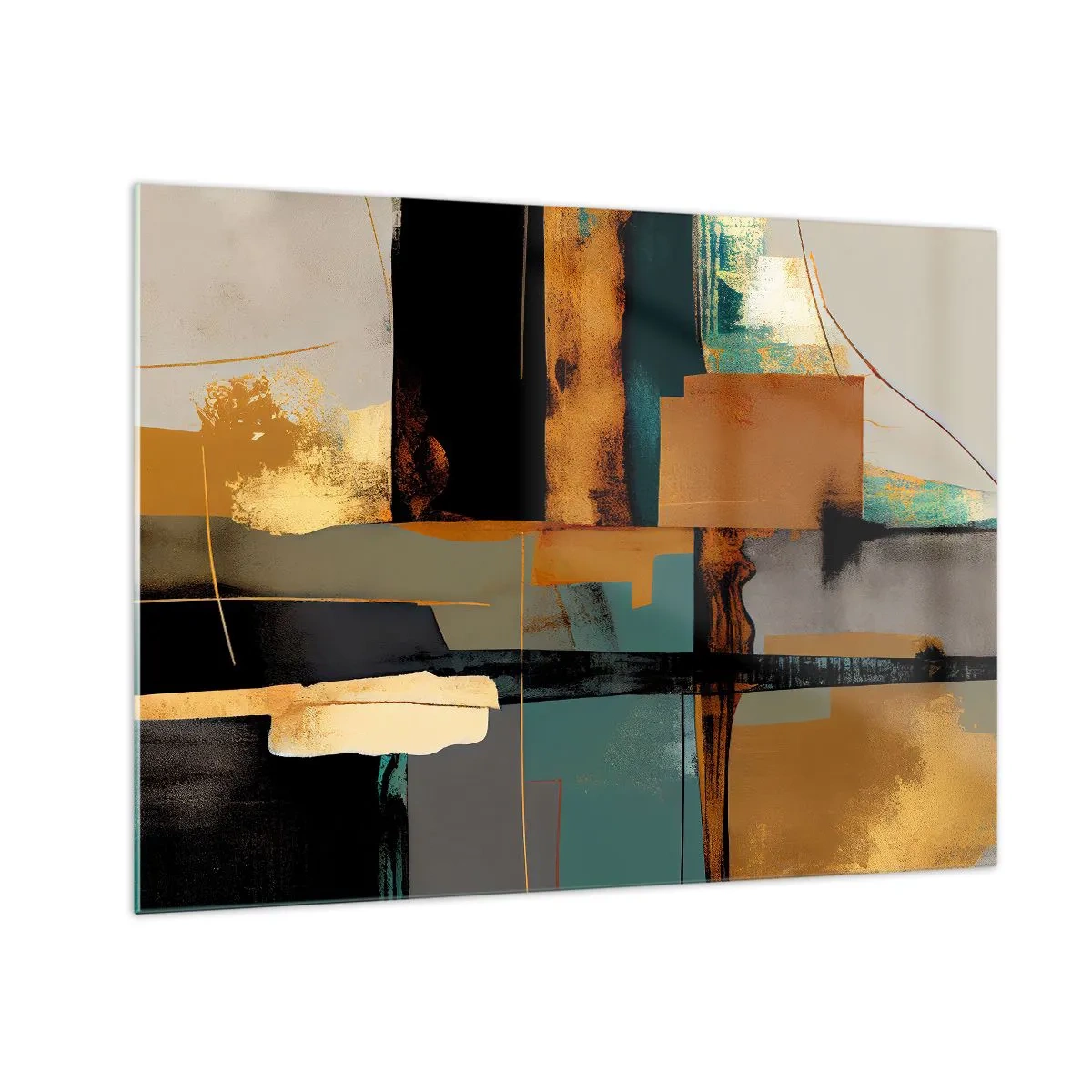 Quadro su vetro - Astrazione moderna con contrasto di oro, nero e turchese - 70x50cm - Astrazione: luci e ombre - Decorazione murale moderna per soggiorno e camera da letto ARTTOR